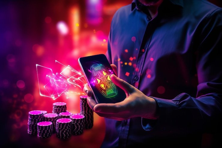 Pengguna membaca catatan reward melalui ponsel